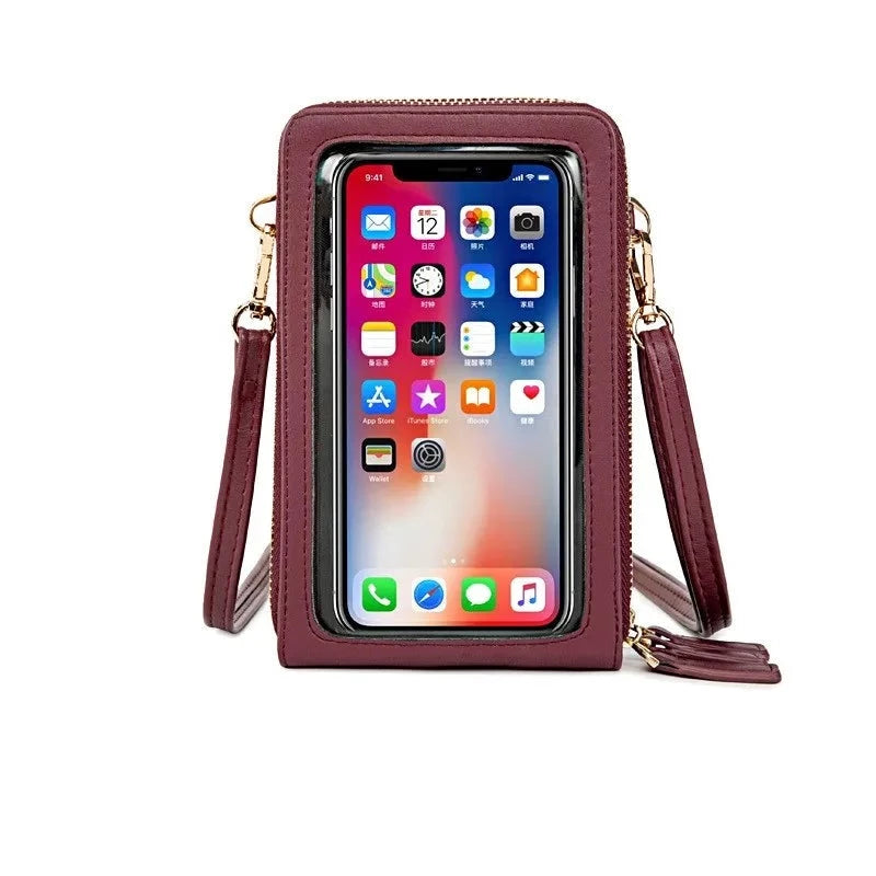 Touch Screen Waterproof Leather Crossbody Phone Bag The Store Bags wine red 