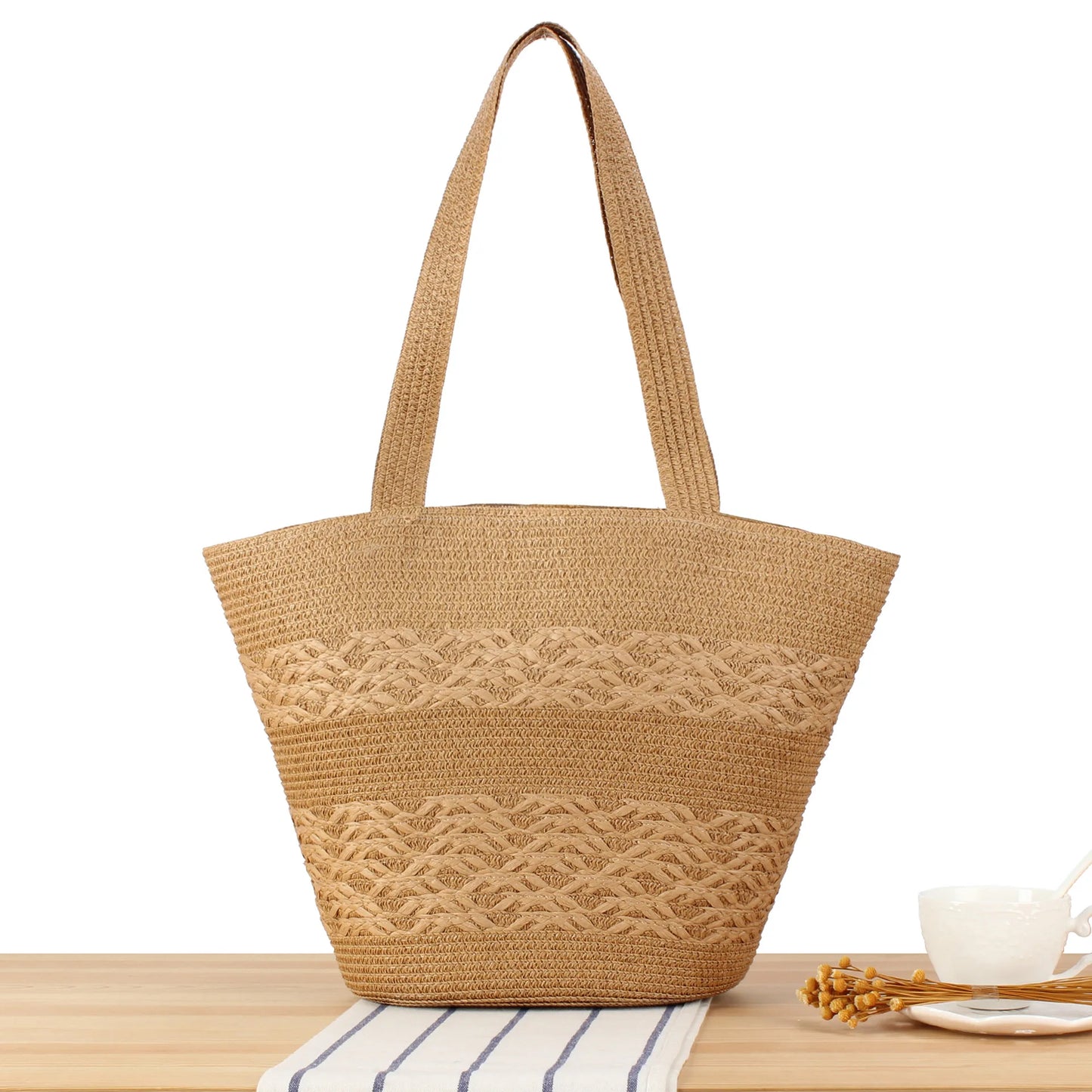 Bolso Grande De Paja Con Cremallera