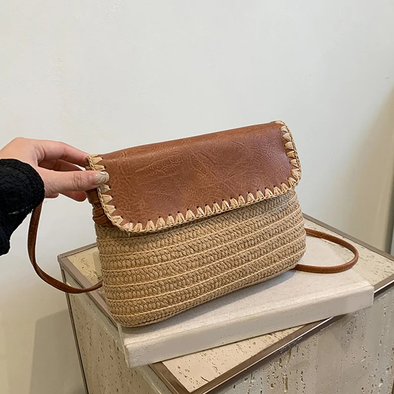 Straw And Brown Leather Purse