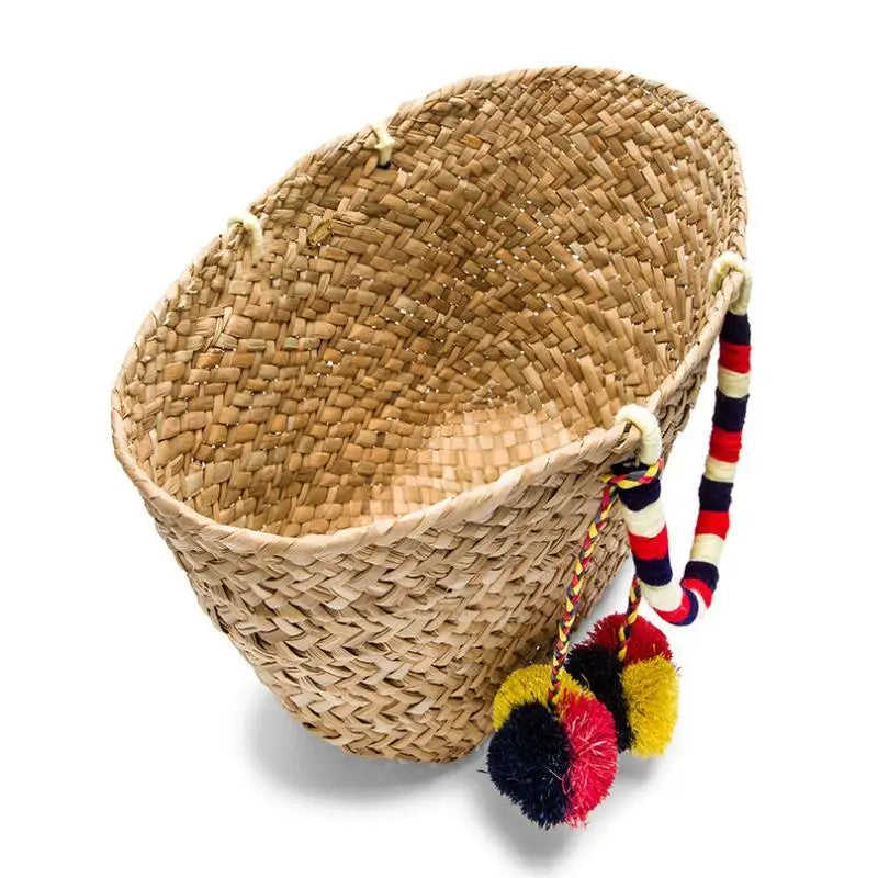 Pom Pom Straw Beach Bag