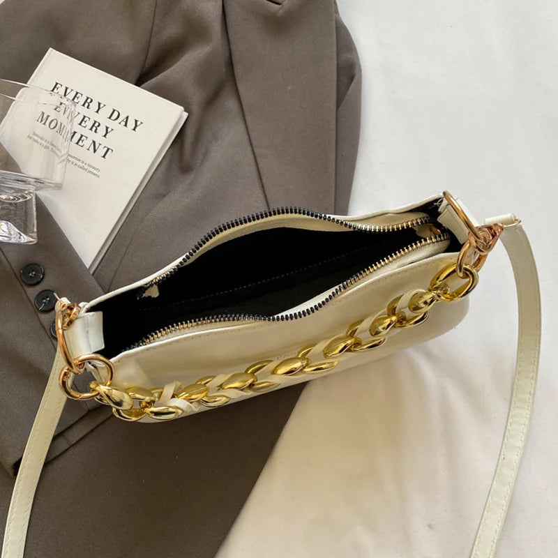 Faux Leather Crossbody Bag With Curb Chain Shoulder Strap