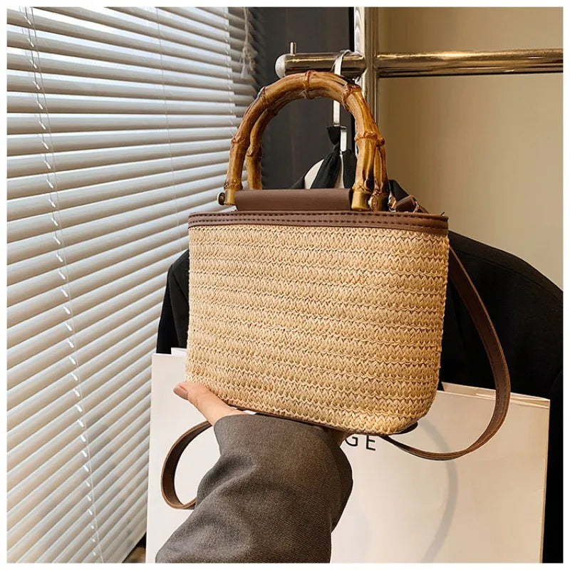 Bamboo Handle Straw Purse Bag