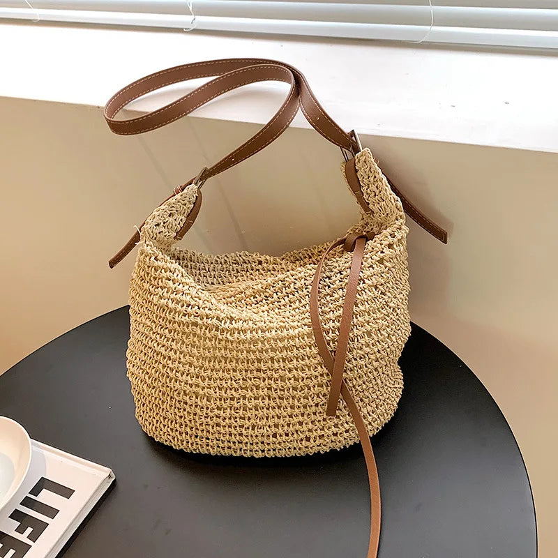 Bolso De Paja Con Correas De Piel