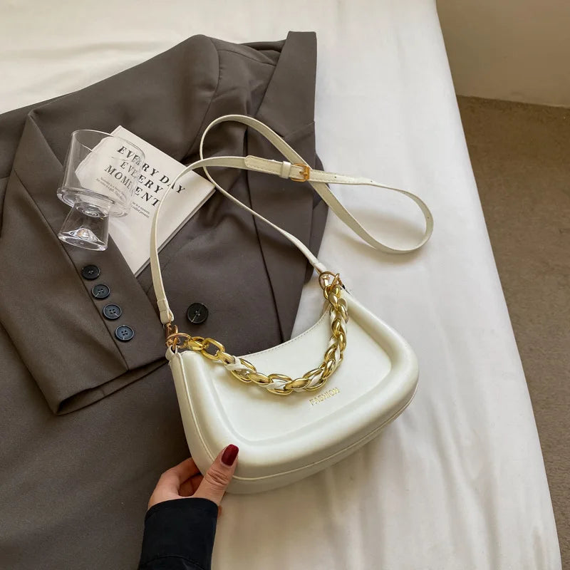 Faux Leather Crossbody Bag With Curb Chain Shoulder Strap