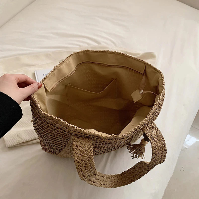 Straw Tote Bag With Zipper