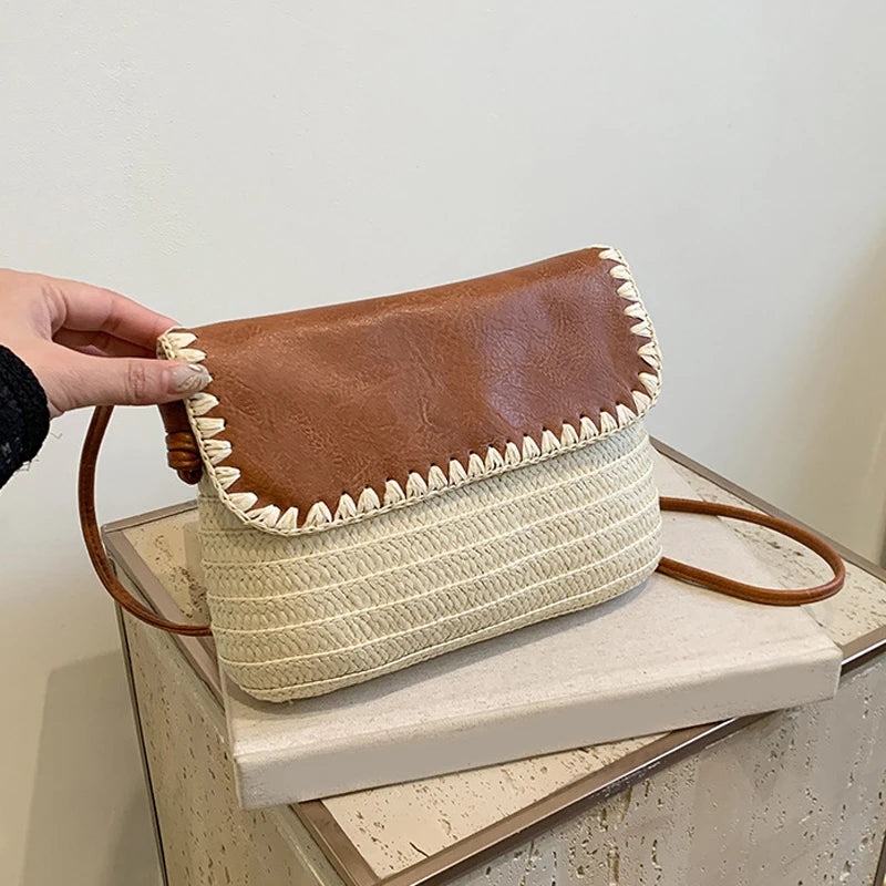 Straw And Brown Leather Purse