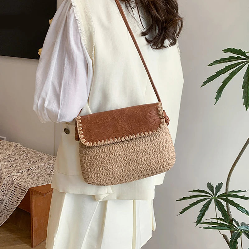Straw And Brown Leather Purse