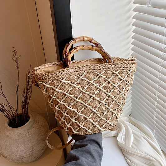 Circle Handle Straw Bucket Bag