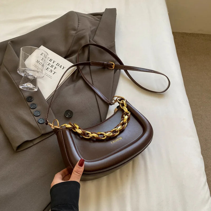 Faux Leather Crossbody Bag With Curb Chain Shoulder Strap