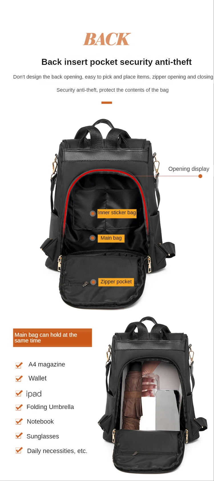 Backpack With Back Zipper