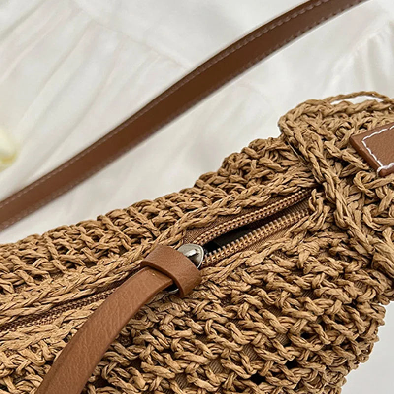 Bolso De Paja Con Correas De Piel