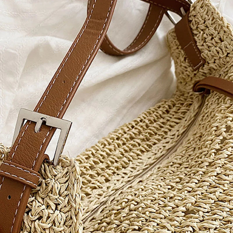 Bolso De Paja Con Correas De Piel
