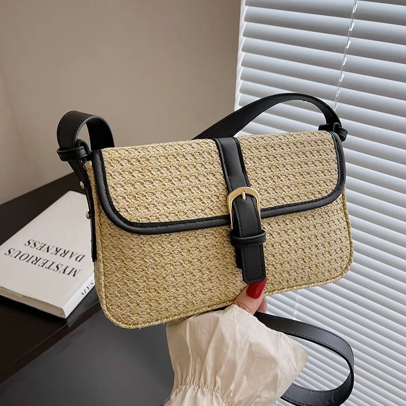 Straw And Faux Leather Bucket Bag