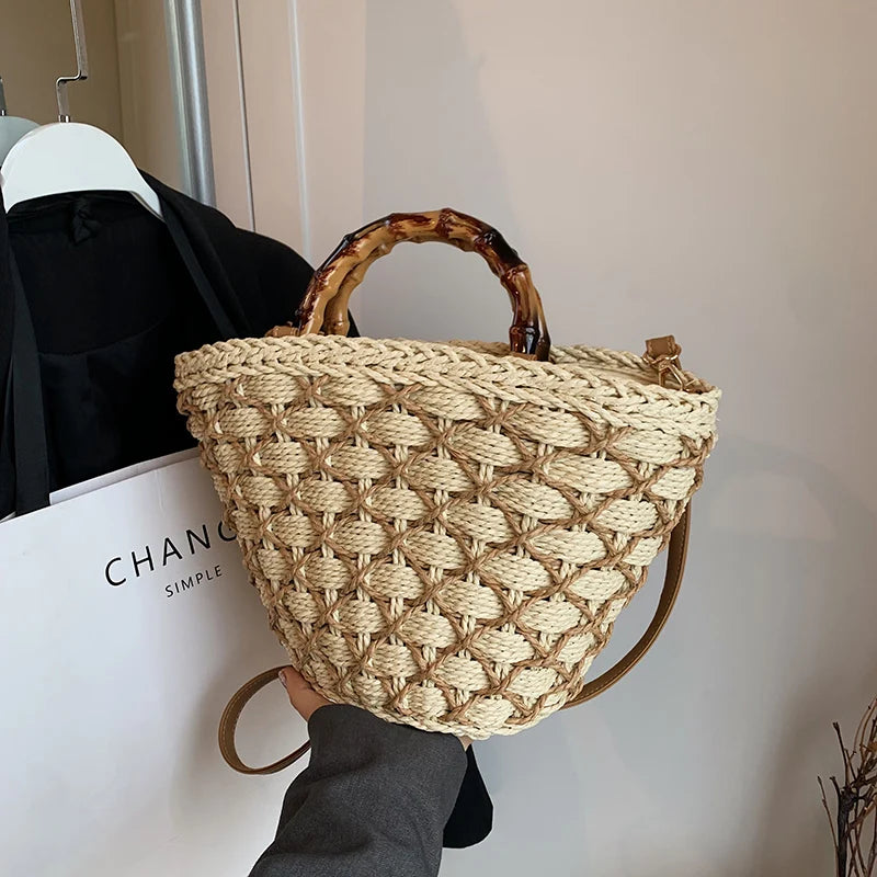 Circle Handle Straw Bucket Bag