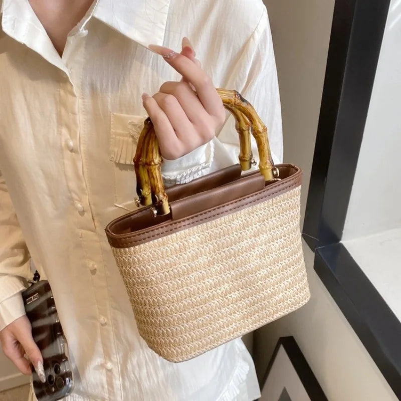 Bamboo Handle Straw Purse Bag