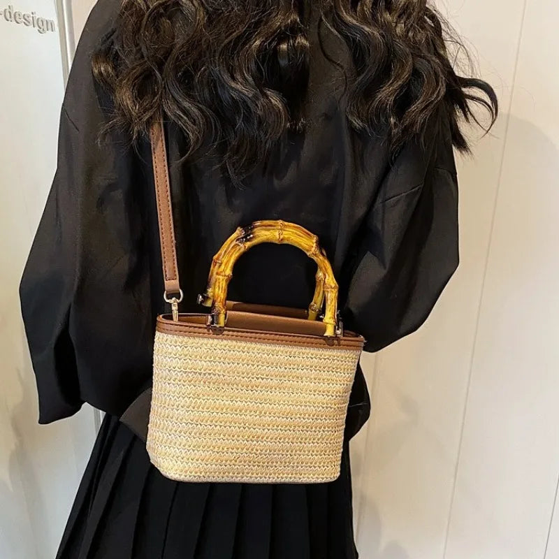 Bamboo Handle Straw Purse Bag