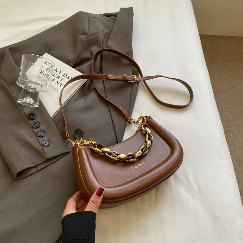 Faux Leather Crossbody Bag With Curb Chain Shoulder Strap