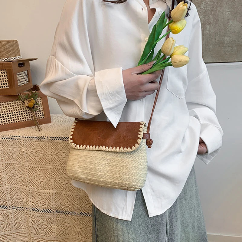 Straw And Brown Leather Purse
