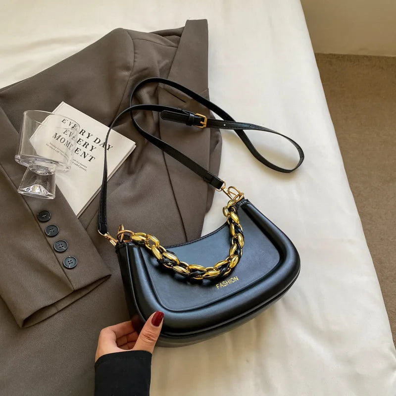 Faux Leather Crossbody Bag With Curb Chain Shoulder Strap