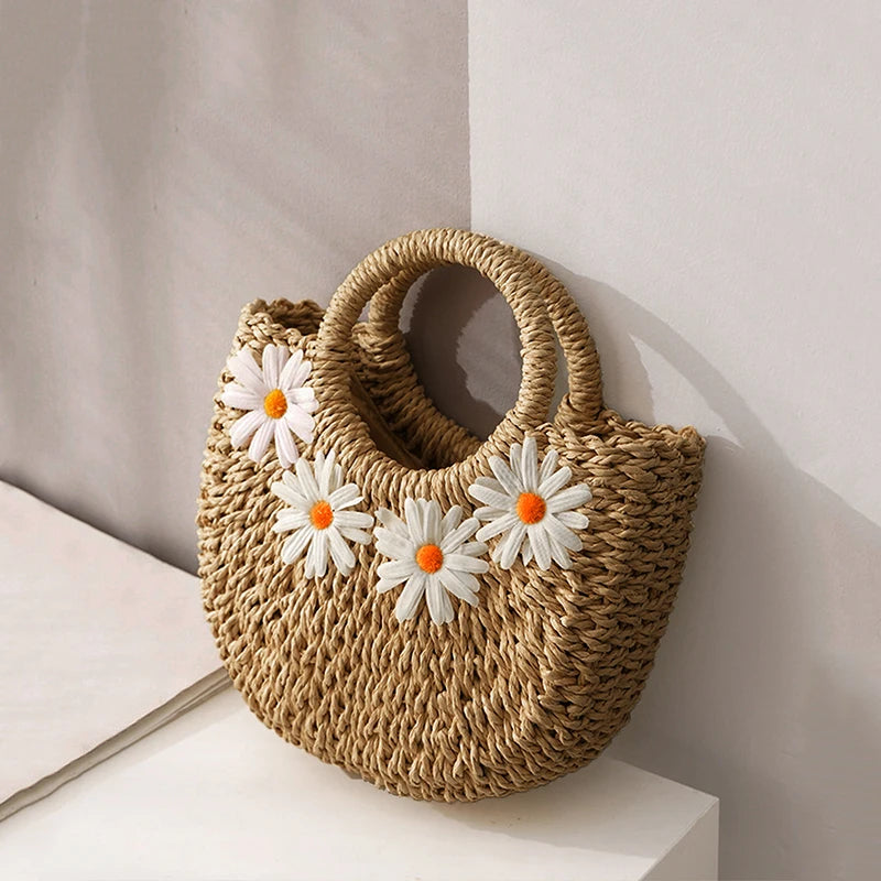Circle Handle Straw Bag