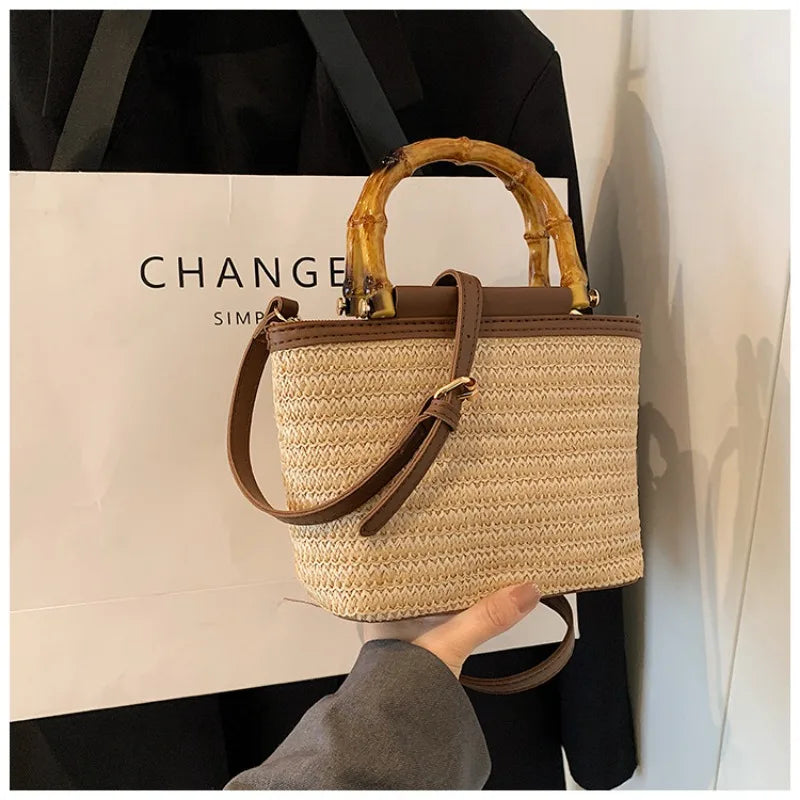 Bamboo Handle Straw Purse Bag