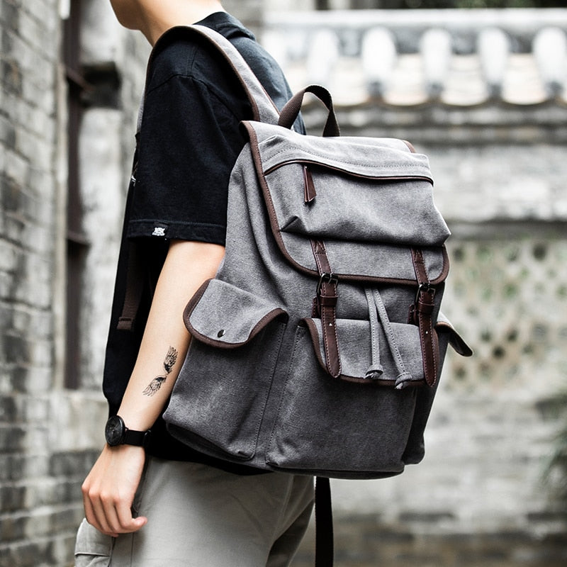 Men's Vintage Leather & Canvas Backpack, Dark Grey