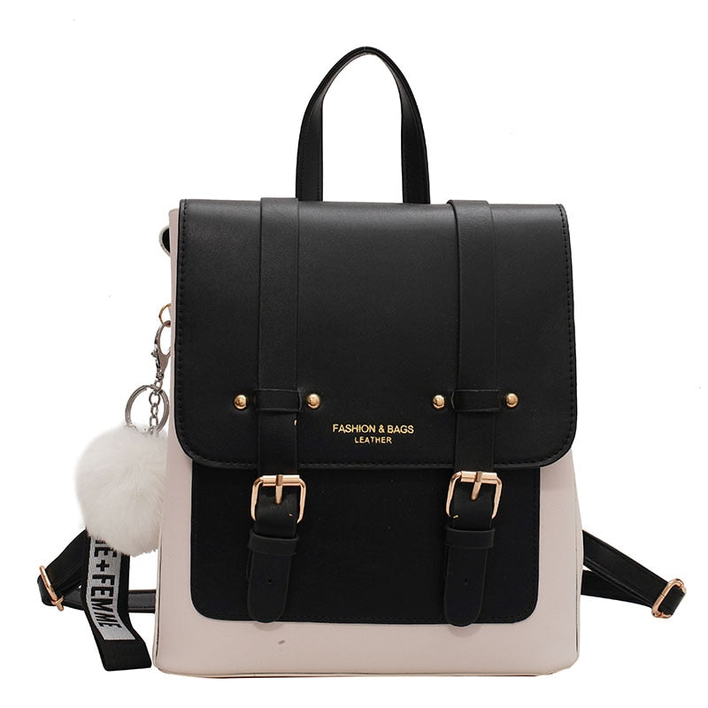 Faux Leather Buckle Backpack The Store Bags Black with Hairball
