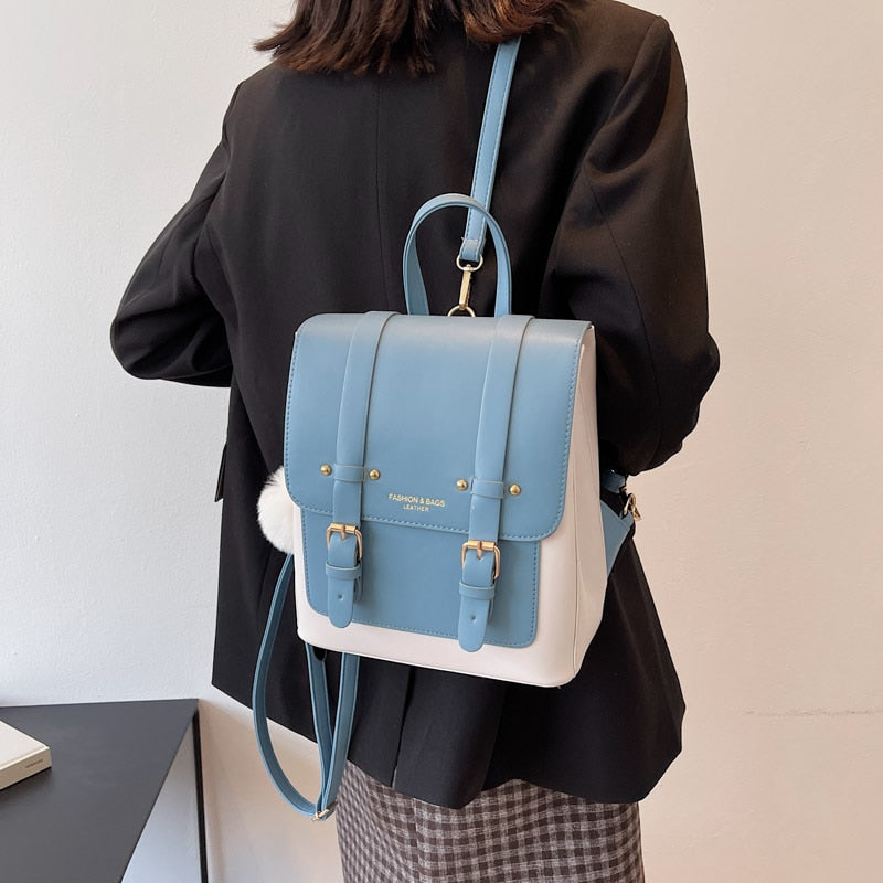 Faux Leather Buckle Backpack The Store Bags sky blue with Hairball