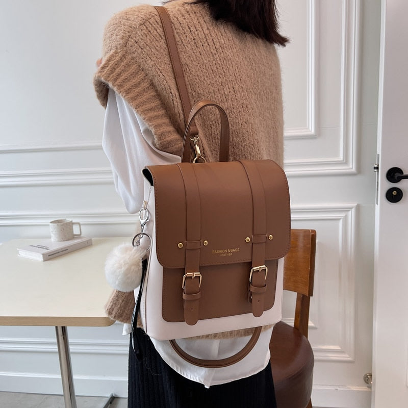 Faux Leather Buckle Backpack The Store Bags brown with Hairball