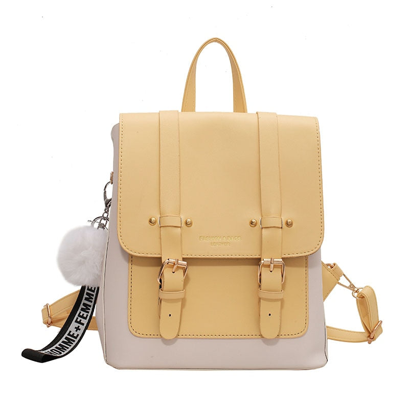 Faux Leather Buckle Backpack The Store Bags Beige with Hairball 