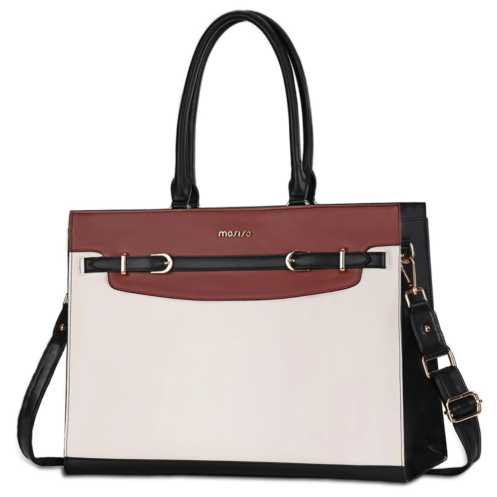 Multicolored Leather Laptop handbag with black strap on a white background