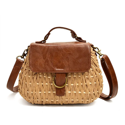 Straw And Brown Leather Purse