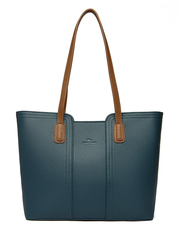 Faux Leather Tote With Zipper The Store Bags Blue with khaki 