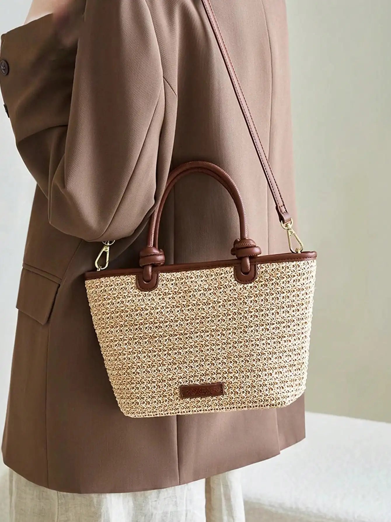 Straw And Leather Crossbody Bag