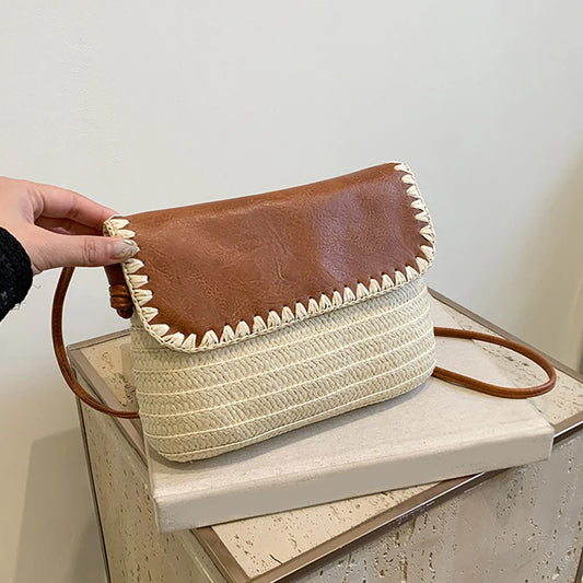 Straw And Brown Leather Purse