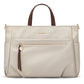 Beige handbag with brown handles and accents on a white background