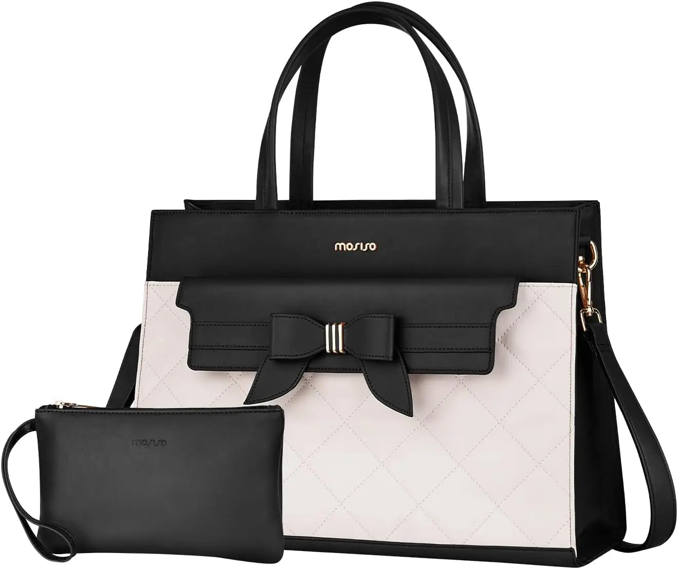 Black and white handbag with a bow and matching pouch on a white background