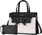 Black and white handbag with a bow and matching pouch on a white background