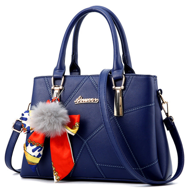 Leather Handbag With Pom Poms The Store Bags Deep Blue 